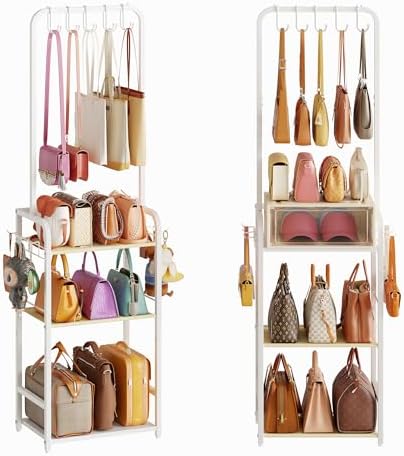 Tall Purse Organizer for Closet with 5 Purse Hanger & 6 Side Hooks, 4 Tier by Hayexiha