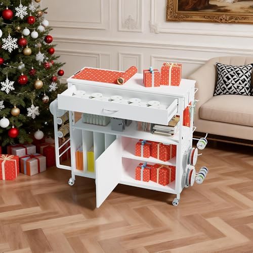 Height-Adjustable Gift Wrapping Station with Paper Clamp & Adhesive Measuring Tape,Rolling Wrapping Paper Cart with Ribbon & Gift Bag Storage, Craft Organizer Workstation (White) - Image 6