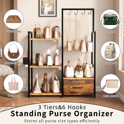3-Tier Wooden Purse Display with Large Drawer & 6 Hooks - Image 4
