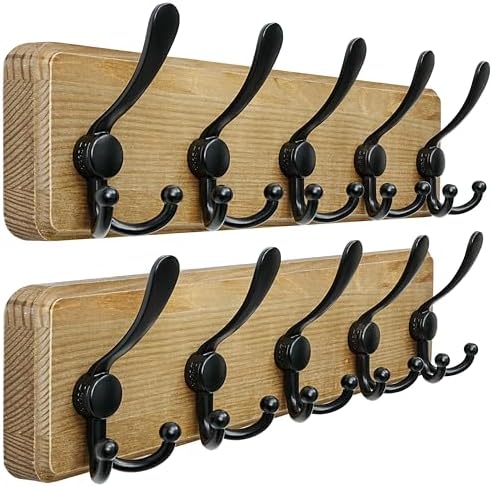 Dseap Coat Rack Wall Mount - Heavy-Duty Robust Barnwood-Style Wooden Wall Coat Hanger Hook Rail with 5 Triple Hooks for Winter Coats Hat Jacket Clothing, Weathered Brown & Black, Pack of 2 by Dseap