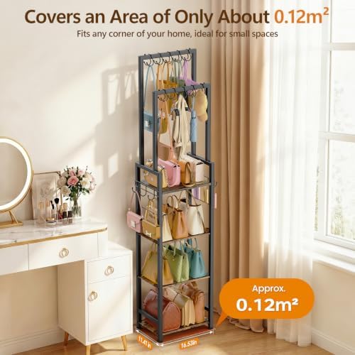 Tall Purse Organizer for Closet: 4-Tier Double Rods Purse Rack Stand,Black - Image 4