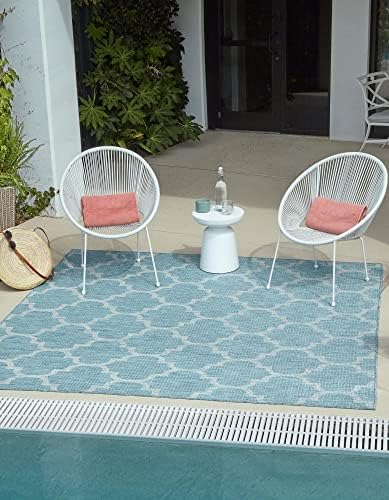Unique Loom Outdoor Trellis Collection Area Rug (5' 1" Square, Aquamarine/ Gray) by UniqueLoom