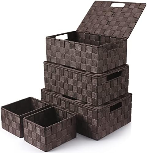 Storage Baskets with Lids: 5 Pack Stackable Woven Storage Bins, Brown by Uvellgift