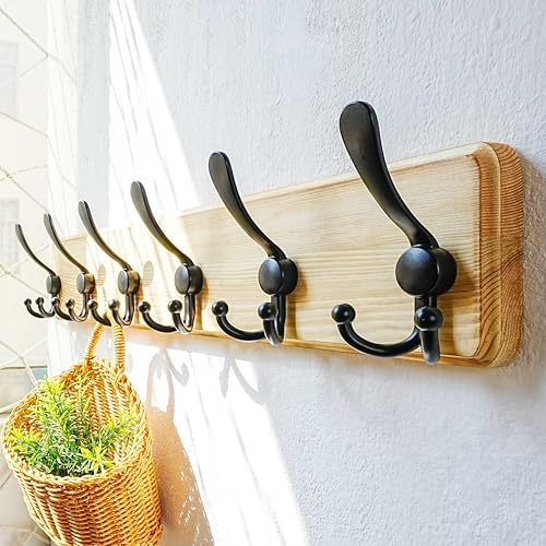 Dseap Coat Rack Wall Mounted - 24" Long 6 Tri Hooks, Heavy Duty Wooden Wall Coat Hanger Coat Hook for Clothes Hat Jacket Clothing, Weathered Light Natural and Black, Pack of 2 - Image 4
