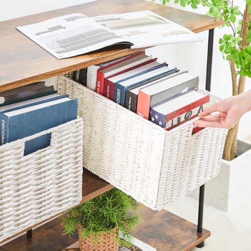 Vagusicc Wicker Storage Basket, Set of 2 Hand-Woven Paper Rope Wicker Basket, Large Storage Baskets for Organizing, Foldable Large Cube Storage Organizer Bins for Shelves (White) - Image 4