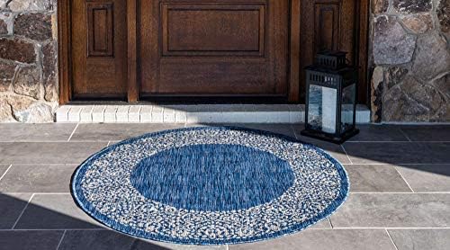 Unique Loom Outdoor Border Collection Area Rug - Floral Border (4' 1" Round, Blue/ Ivory) - Image 2
