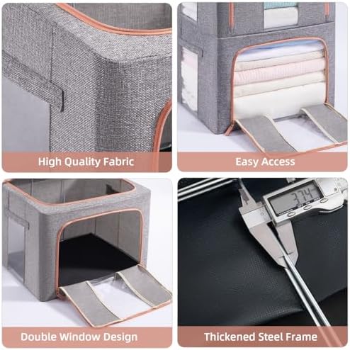 GuliPostan 3 Pack 66L Stackable Clothes Storage Bins with Metal Frame Handles & Zipper, Collapsible Closet Organizer Box with Lid for Bedding Blankets Towel (Grey) - Image 3