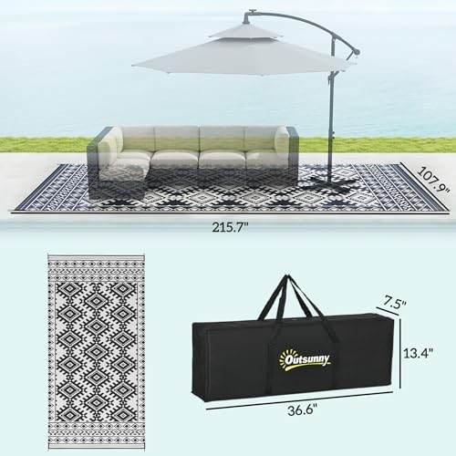 Outsunny Outdoor Rug for Patio Waterproof 9' x 18' Black & White Rhombus - Image 3