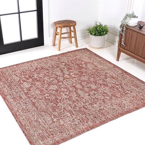 JONATHAN Y Weave Floral Indoor Outdoor Square Area Rug 4X4 Red/Taupe, Tela Bohemian Textured for Backyard, Patio, Porch, Easy-Cleaning, High Traffic, Pet-Friendly, Non-Shedding (SMB100A-4SQ) - Image 4