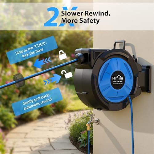 Retractable Garden Hose Reel, 1/2 Inch x 100 ft + 6.6 ft Heavy Duty Wall Mounted Hose Reel with 10 Patterns Nozzle, Any Length Lock, Upgraded Slow Return System, 180°Swivel Bracket and UV Resistant - Image 6