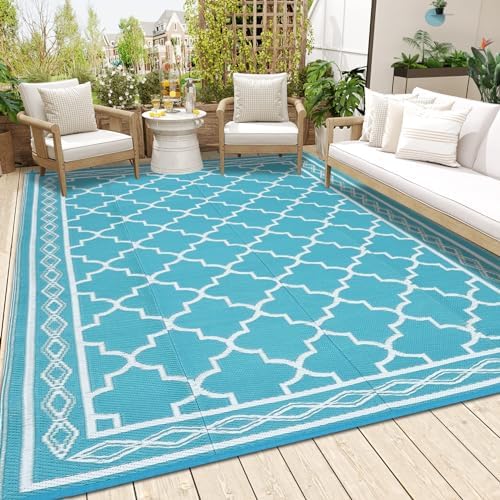 Outdoor Rug 9x12 Reversible Patio Rugs Outdoor Plastic Straw Rug Moroccan Trellis Washable Rugs Waterproof for Deck RV Outside Carpet for Patio Backyard Picnic Camp Beach Balcony Blue White by Unknown