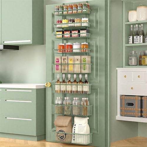 Moforoco Sage Green Over The Door Pantry Organizer, Pantry Door Organizer Shelves, Kitchen Organizers and Storage, Hanging Basket Wall Spice Rack Seasoning Shelves by MOFOROCO