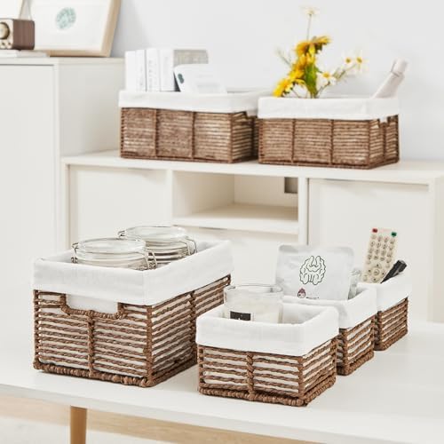 Vagusicc Wicker Storage Basket, 6 Pack Baskets for Organizing, Wicker Baskets with Handle, Rectangular Woven Basket for Storage Shelves, Cube Storage Bins for Closet/Clothes/Dresser, Brown - Image 4
