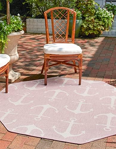 Unique Loom Outdoor Coastal Collection Area Rug - Ahoy (7' 10" Octagon, Pink/ Ivory) by UniqueLoom