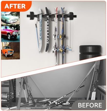 32" Ski & Snowboard Wall Rack – Heavy-Duty Wall Mounted Ski Storage for Garage, Holds 10 Pairs with 5 Adjustable Hooks, 300lbs Capacity, Non-Slip Rubber, Easy Install | Ski Holders for Wall (5) - Image 7