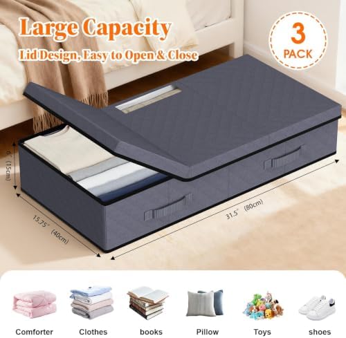 StoreHappily Under Bed Storage Containers with Lids, 3 Pack Foldable Grey - Image 2