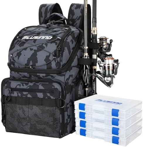 PLUSINNO Cooler Fishing Backpack with Rod Holders 45L Large Water-resistant Fishing Tackle bag Store Fishing Gear Fishing Gifts for Men Father by PLUSINNO
