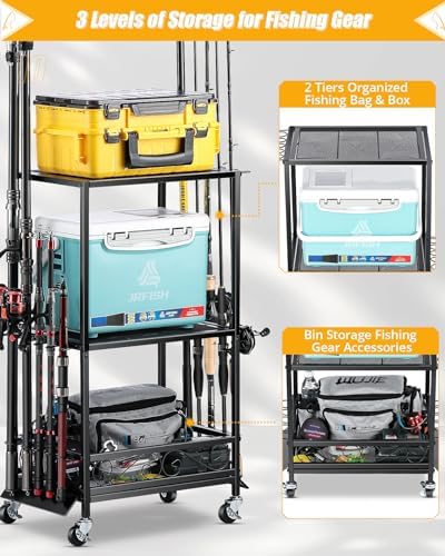 EXTCCT Fishing Rod Holder - Fishing Pole Rack for 10 Rods - Adjustable Height Fishing Gear Equipment Organizer Storage Solution for Garage Basement or Indoor - Image 3