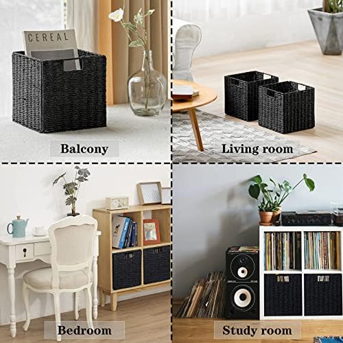 Vagusicc Wicker Storage Basket, Set of 2 Hand-Woven Wicker Basket, Foldable Cube Storage Bin, Black Storage Basket, Square Storage Baskets for Organizing Shelves & Decor, Black (11″×11″×11″) - Image 2
