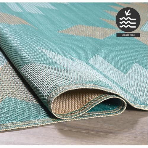 FH Home Outdoor Rug - Waterproof, Fade Resistant, Reversible - Premium Recycled Plastic - Geometric - Patio, Deck, Porch, Balcony - Bursa Kilim - Teal Crease Free - 5 x 8 ft - Image 6