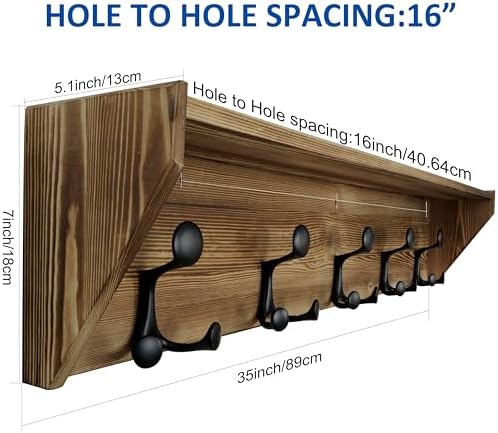 WEBI Wall Shelf with Hooks Underneath,35" Long Wall Mounted Coat Rack with Shelf,Entryway Coat Rack with 5 Triple Hooks for Hanging Coats,Jacket,Hallway,Bedroom,Mudroom,Brown - Image 6