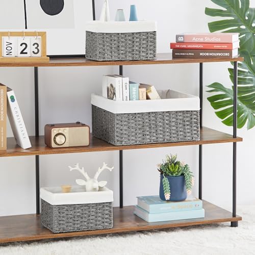 Vagusicc Wicker Basket, Set of 3 Hand-woven Storage Baskets for Organizing, Decorative Rectangle Wicker Storage Basket Bins with Handles, Small Toilet Paper Storage Baskets for Shelves & Decor, Grey - Image 5
