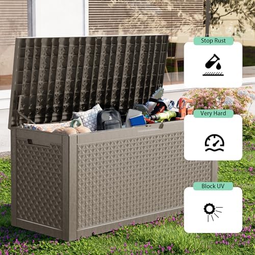 Outdoor Waterproof Resin Storage Deck Box Lockable Outside Bench UV Resistant Bin Patio Porch Furniture Pool Float Garden Tool Cushion (Grey, 110 Gallon) - Image 5