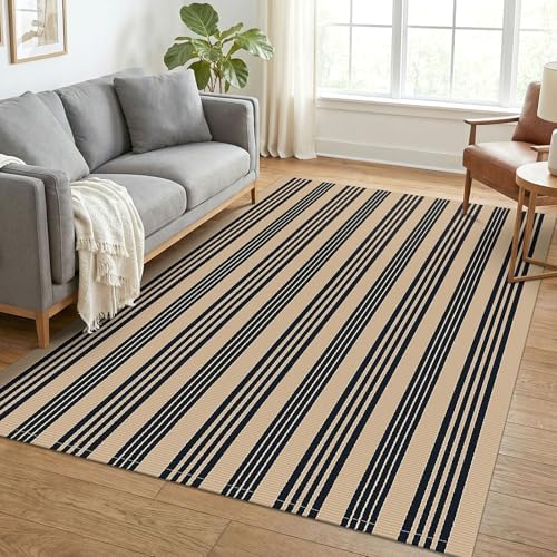 KOZYFLY Brown and Black Rug 5x7 ft Area Rug Woven Washable Striped Rugs by KOZYFLY