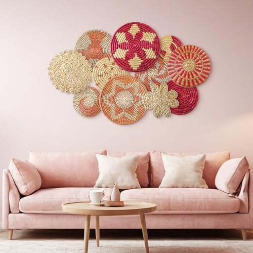 Tatuo 11 Pcs Boho Wall Basket Decor Woven Wall Hanging Art, Pink - Image 2
