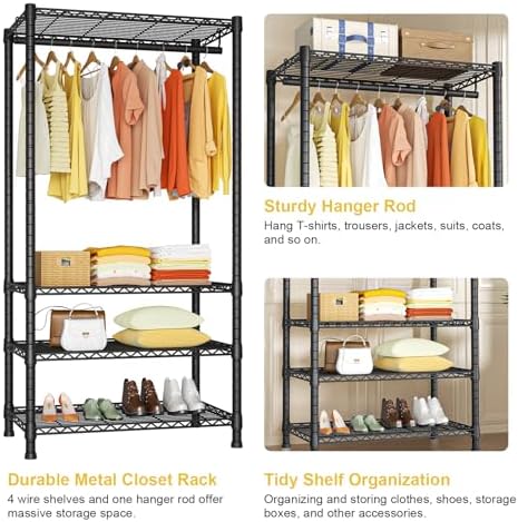 Ulif H2 Heavy Duty Clothes Rack, Freestanding 4 Tiers Garment Rack for Hanging Clothes with Shelves and Hangers, Closet Organizers and Storage Metal Closet Wardrobe System, Max Load 500 LBS, Black - Image 6
