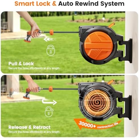 Retractable Garden Hose Reel 1/2” x 150ft, Auto Rewind Hose Reels for Outside, Heavy-Duty Wall-Mounted Outdoor Hose, 10-Mode Nozzle, Adjustable Length, 180° Rotation for Watering, Car Washing - Image 4
