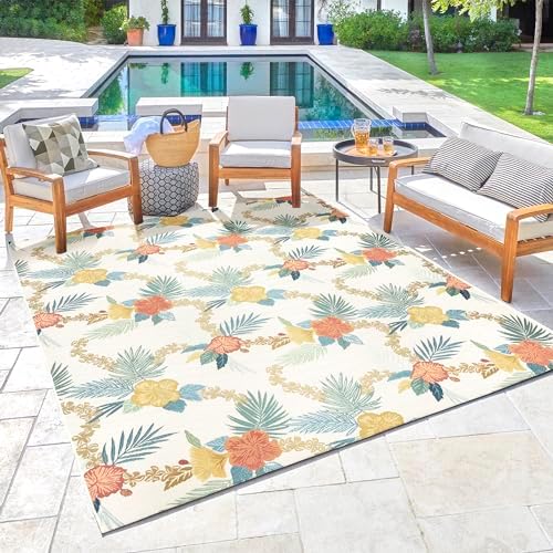 Gertmenian Reyn Spooner Kona Coast Fresco Hawaiian Tropical Rugs - 9x13 Ft Extra Large, Washable, Stain & UV Resistant Indoor Outdoor Area Rug - Green Ivory Orange Yellow, Laka, 46772 - Image 6