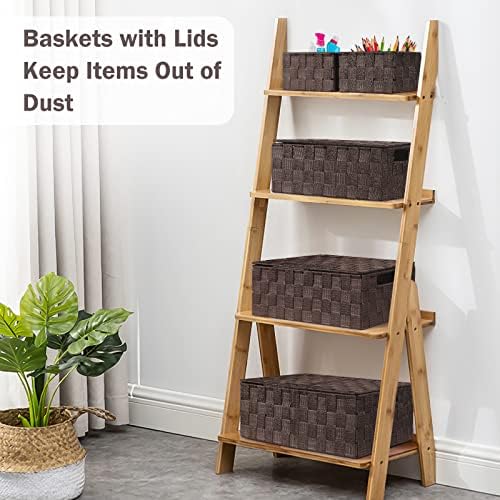 Storage Baskets with Lids: 5 Pack Stackable Woven Storage Bins, Brown - Image 3