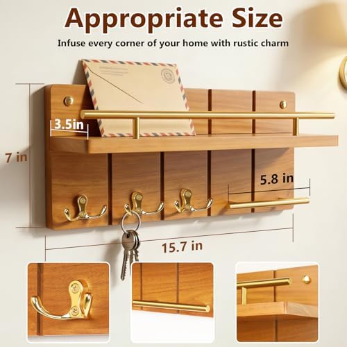 15.7” Solid Teak Wood Key Holder Wall Mount with Shelf and Hooks - Image 4