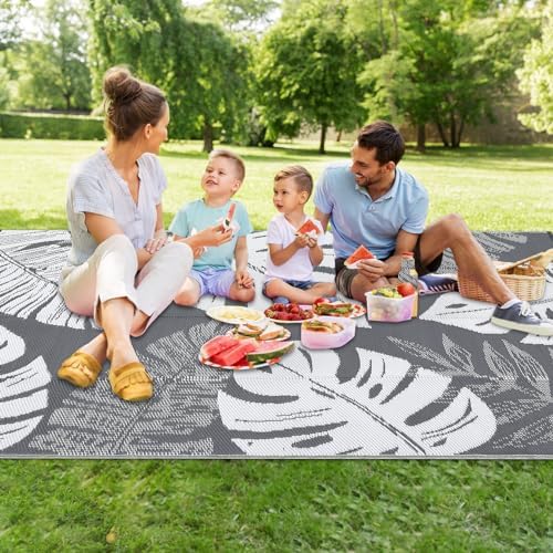 Waterproof 10x14 Outdoor Rug for Patio Reversible Plastic Straw Rug Floral Camping Carpet with Carry Bag, Stain & UV Resistant Portable RV Carpet for Camper Deck Balcony Porch Beach Picnic, Grey - Image 3