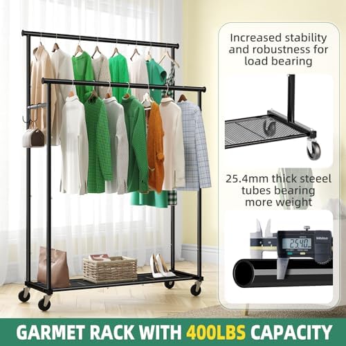 Ekisemio Double Rods Clothes Rack with Wheels Load 400 LBS, 45 Inch Rolling Clothing Rack for Hanging Clothes, Heavy Duty Garment Rack with Shelves, Metal Portable Closet, Black - Image 4