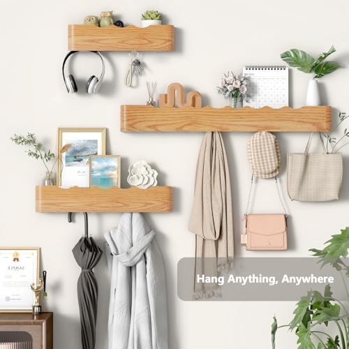 Wall Mounted Coat Rack with Shelf, Wooden Entryway Organizer with Hidden Metal Hooks for Hanging Coats Bags Keys, Modern Floating Shelf for Hallway Bathroom - Image 4