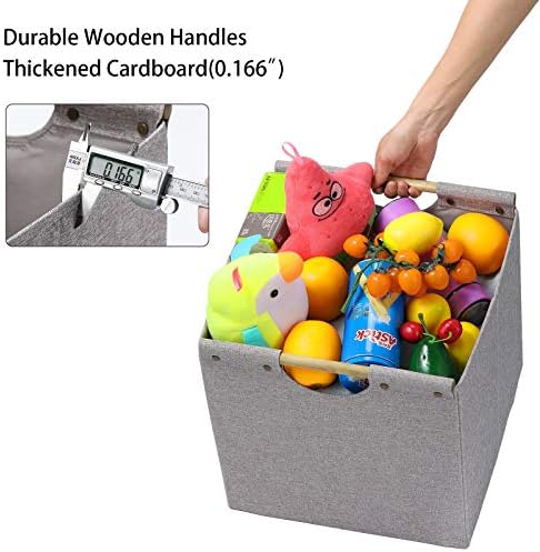 HOONEX Collapsible Storage Bins, 12x12x12in Storage Cubes Linen Fabric, 3 Pack, Storage Baskets with Wooden Carry Handles and Sturdy Heavy Cardboard, for Home, Office, Car, Nursery, Light Grey - Image 3