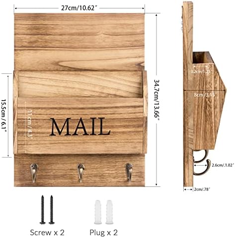 DLQuarts Mail Organizer with Key Holder for Wall Decorative Mail Sorter Wall Mounted, Wooden Mail Holder with 3 Hooks, Carbonized Brown - Image 5