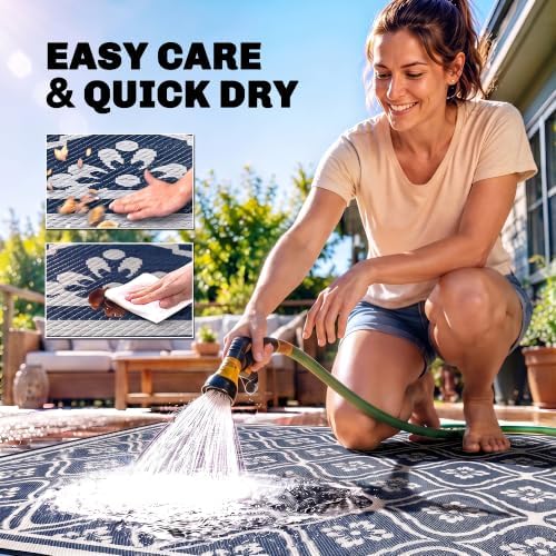 Outsunny Outdoor Rug for Patio Waterproof 9' x 18' Blue & White Gourd - Image 5