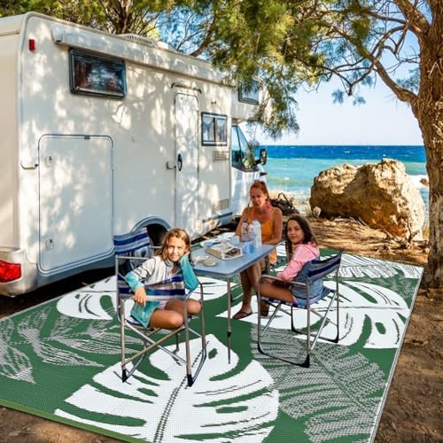 COZYLOOM Waterproof Outdoor Rug 8 x 10 Plastic Straw Rug, Tropical Leaf Woven Patio Carpet, UV-Resistant Reversible Mat, Large Modern Outside Rug for Backyard, RV, Deck, Picnic, Green White - Image 2