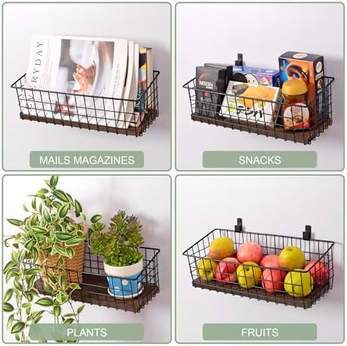 Wall Hanging Baskets, 3 Wooden Wire Bins with Hooks & Adhesive Mount(Extra) - Image 4