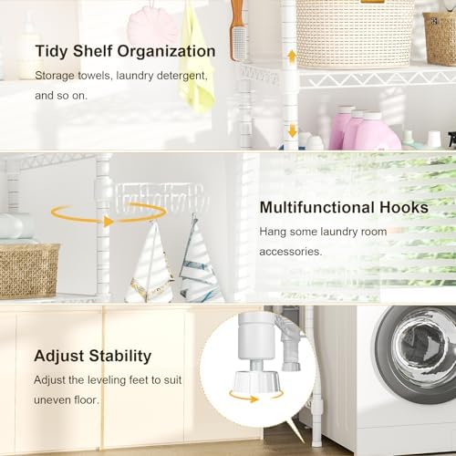 Ulif U8 Laundry Room Storage Organizer, Over The Washer and Dryer Storage Shelves for Laundry Organization, 35”W x 17.3”D x 76.2”H, Suit Washing Machine Width Within 32.6”, Hold 304 lb, White - Image 6