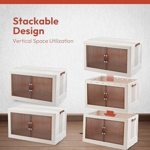 95 QT Foldable Stackable Storage Bins with Doors – Magnetic Doors Stackable Open Front Storage Bins - Collapsible Storage Box with Leather Handles for Organizing Pantry, Books, Clothes - Image 5