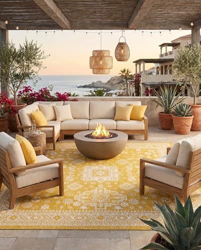Rugs.com - Outdoor Aztec Rug – 10 Ft Square Yellow Indoor/Outdoor Rug – Weather Resistant, Easy to Clean, Perfect for Patios and Decks by Rugscom