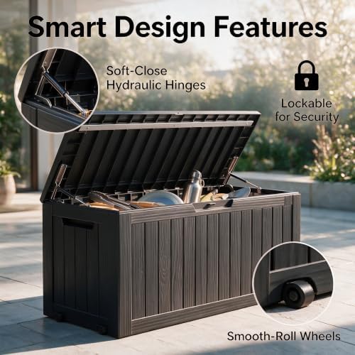 92 Gal Deck Box,Waterproof Resin Outdoor Storage Gas Lift,Lockable Black - Image 4