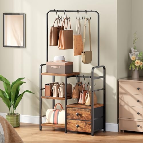 HOOBRO 3-Tier Tall Purse Organizer with Hooks & Drawers - Image 4