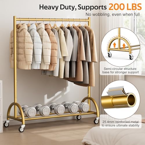 MISSLO Heavy Duty Clothing Rack with Wheels Rolling Clothes Racks for Hanging Clothes, Coats, Garment, Dress, Gold - Image 3