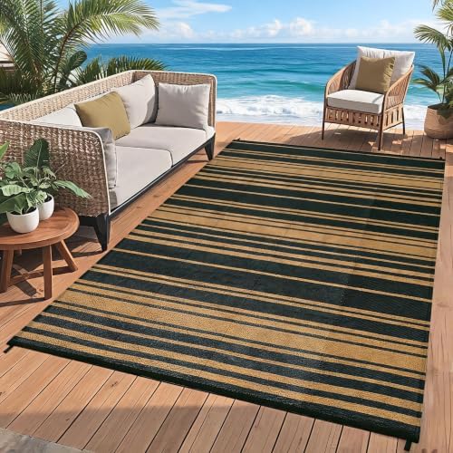 Garvee Geometric Lines 9x12 Rug Striped Black Brown Plastic Straw Rugs by Garvee