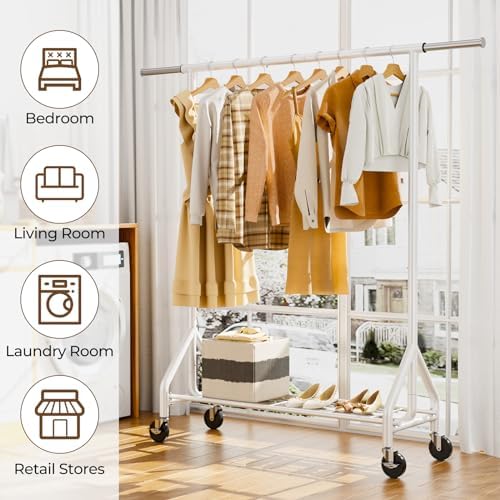 HYSEYY Heavy Duty Clothes Rack Load 450 LBS, Metal Garment Rack, Standing Rolling Clothing Rack for Hanging Clothes with Sturdy Wheels & Shelves, Portable Closet Wardrobe Rack,White - Image 6
